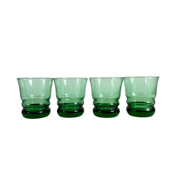 Anchor Hocking Green Glass Tumblers Stacked Base VTG Set Of 4 Low Ball Glassware - Picture 2 of 15